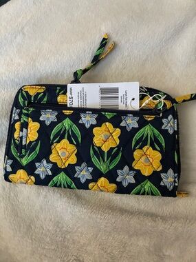 Floral Quilted Wristlet Wallet - Yellow Floral on Navy